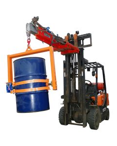 Forklift with crane drum tilter securely lifting a 210L blue steel drum using heavy-duty orange ratchet straps for safe transport.