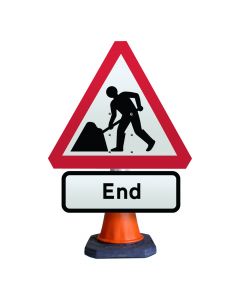 Road Works Ahead Sign with End Cone Sign